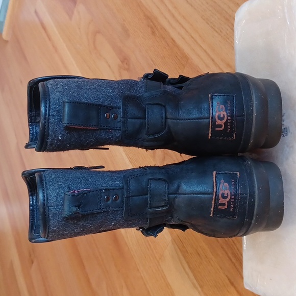 UGG Simmens Moto Boots Black Leather, Gray Flannel Mid Calf Women's 10 - Picture 5 of 16